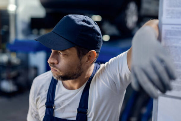 Auto mechanic feeling displeased about something while working at repair shop.